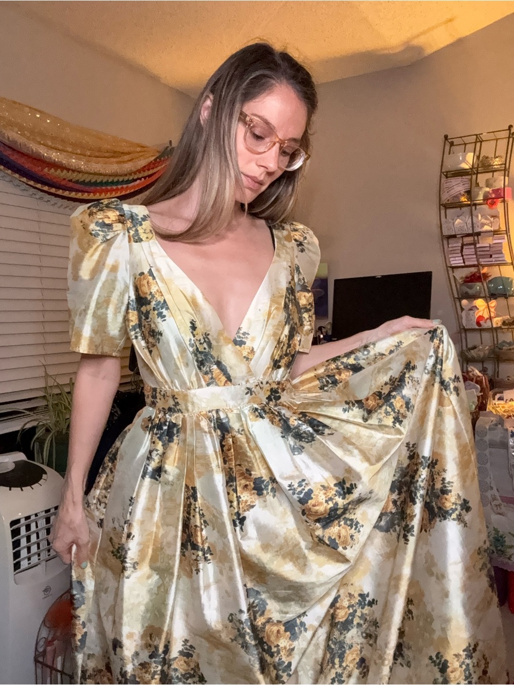 Anthropologie BHLDN Yellow and Cream Floral Puff-Sleeve Dress size 4